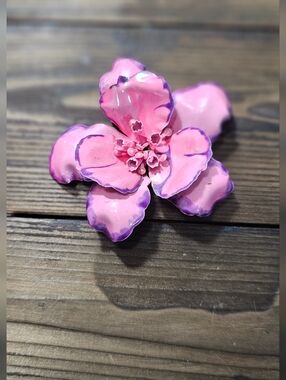 Pink Enamel Flower Brooch Large 3” Hand Painted Floral Statement Pin